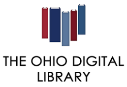 Row of books shaped like Ohio. Text reads The Ohio Digital Library