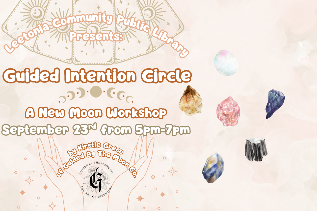 a cream colored background with various colored crystals surrounding the text "Guided Intention Circle: A New Moon Workshop by Kirstie Greco of Guided by the Moon Co." With the tattoo shop's rose logo underneath