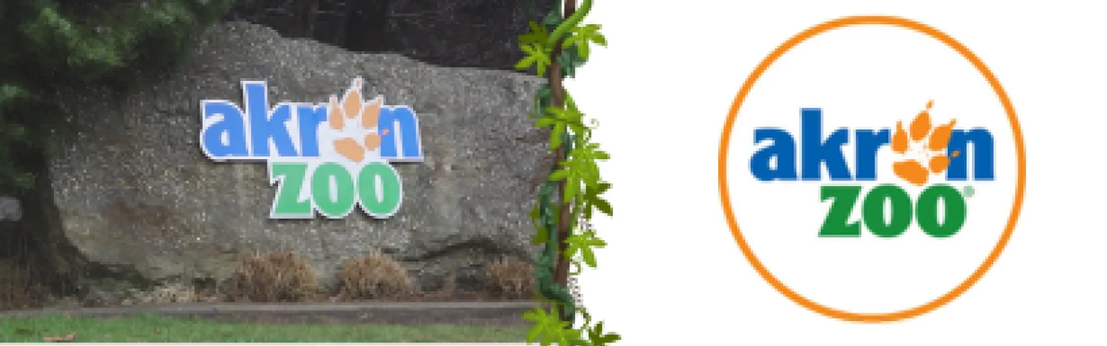 A picture of a rock outside the Akron Zoo with a large "Akron Zoo" sign followed by the Akron Zoo logo